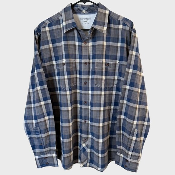 Horny Toad Button-Up Long-Sleeve Plaid Shirt Gray Blue Men's Medium 100% Cotton - Picture 1 of 12